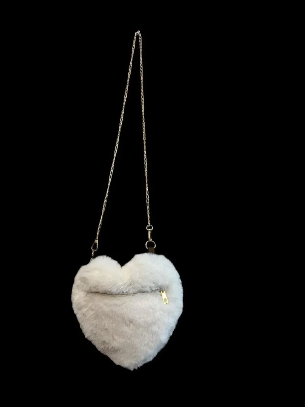 Girls White Faux Fur Heart Crossbody Bag Gold Tone Removable Chain Link New